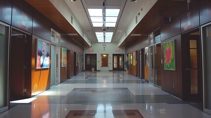 A spacious hospital atrium with high ceilings and a skylight, dark wood paneling, and vibrant art installations, medical rooms with frosted glass doors along the walls 