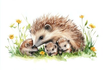 Beautiful Hedgehog animal mum playing with their little kids in the grass, water color style, white background