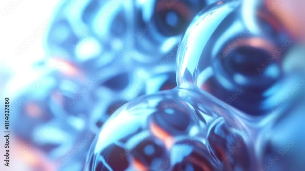Poster Abstract animation of glass spheres where transparent objects play with light, blue and orange shimmer, blur and sharpness to create a three-dimensional composition