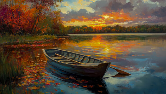 A serene boat floats on the calm waters of an autumn lake, surrounded by vibrant trees with colorful leaves, some gently floating on the water's surface.