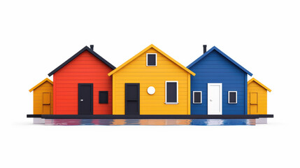 Wireframe civic zones in modern urban landscapes, Colorful houses showcasing modern design and vibrant architecture, perfect for real estate or home improvement themes.