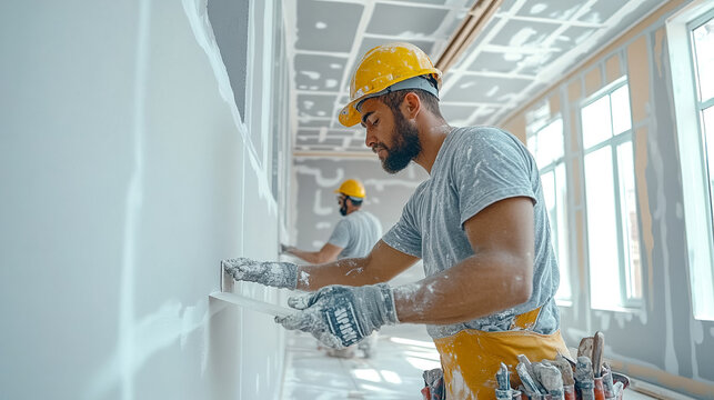 Skilled workers apply joint compound on drywall in a commercial building renovation during daylight hours. Generative AI