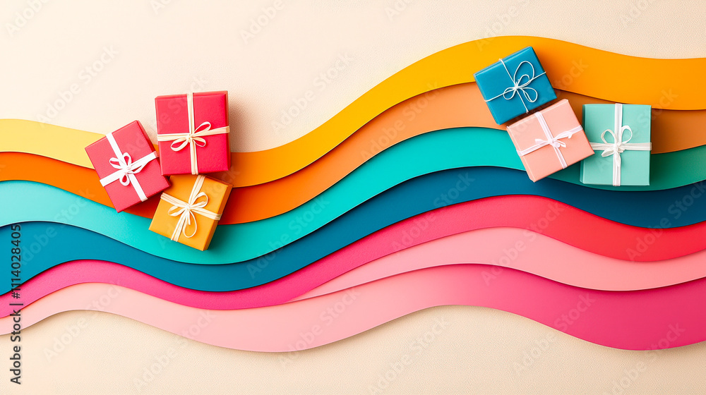 Poster brightly colored presents are nestled among waves of multicolored paper, creating a festive atmosphe