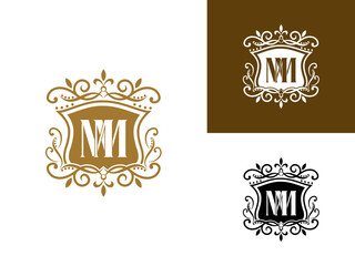 Beautiful luxury letter MM in shield and Abstract Plant. Initial Identity Letter in Gold color Logo vector template