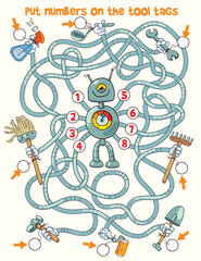 Children logic game to pass the maze. Put numbers on the tool tags. Educational game for kids. Choose right path. Funny cartoon character. Worksheet page