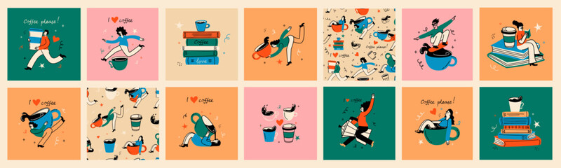 Coffee people collection, vector illustration in flat cartoon style. Characters drinking and holding coffee cups, cozy mugs, to-go cups, warm drinks in trendy retro style,