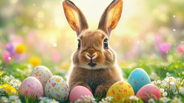 Easter bunny sitting on the green grass next to colorful Easter eggs. Easter celebration concept. High quality 4k footage