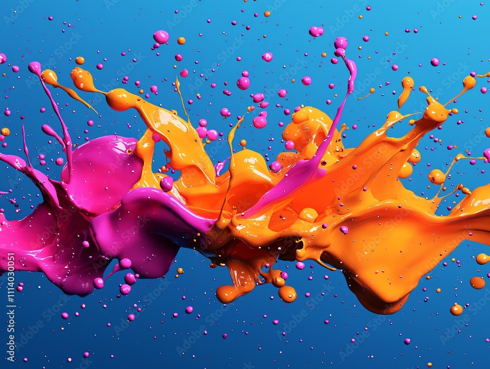 Poster vibrant explosion of color creating abstract shapes against a vivid blue backdrop