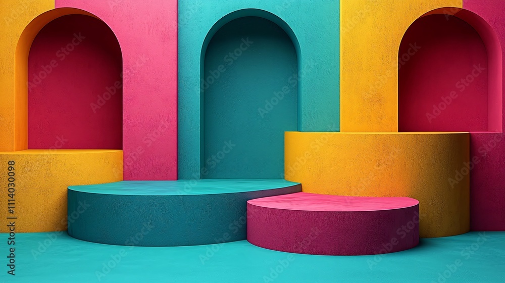 Poster overlapping geometric shapes in vibrant colors create a modern artistic display