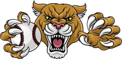 Cougar panther mountain lion puma wildcat cat baseball mascot sports team mascot holding a ball