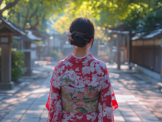 Fototapeta premium 伝統美の背中 - 神社参拝に向かう女性の着物姿