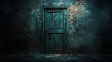 Old, teal wooden door in a dark, eerie room. Perfect for horror, mystery, or suspense projects.