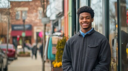 Fototapeta premium A young man smiles confidently outside a shop in a lively urban setting.