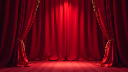 Fototapeta premium Dramatically Lit Lustrous Red Velvet Theatre Curtains and Wooden Stage Floor