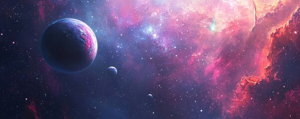 An abstract space background showcasing planets, stars, and a nebula.