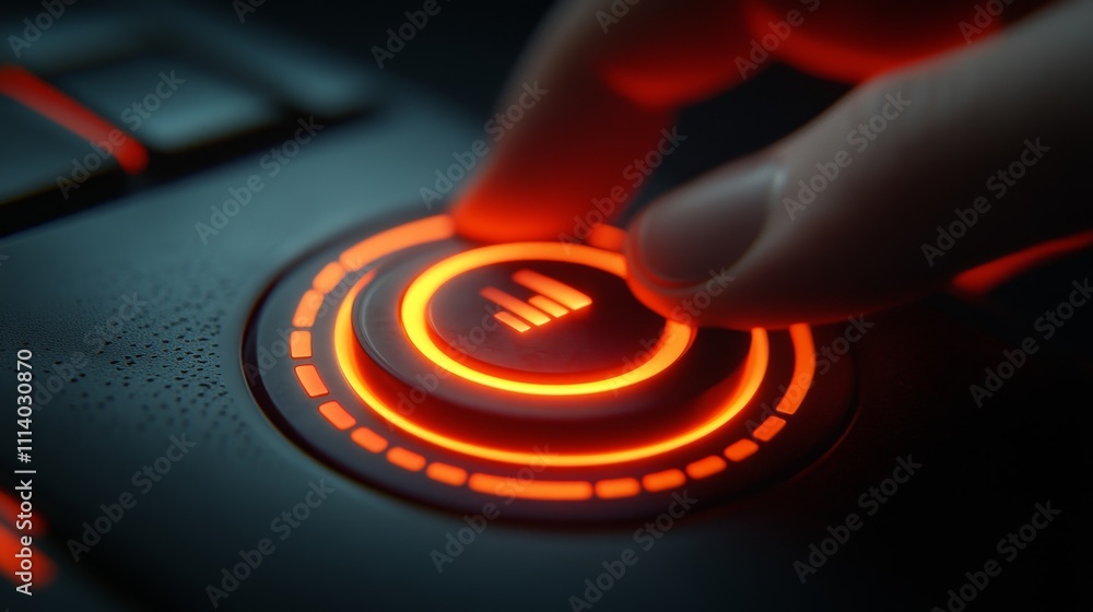 Poster a close-up of a hand pressing a glowing control button on a device, suggesting interaction and techn