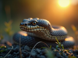 Fototapeta premium Snake resting on rocks at sunset, wildlife photography