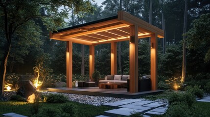 Naklejka premium Illuminated Wooden Gazebo in a Serene Forest Setting