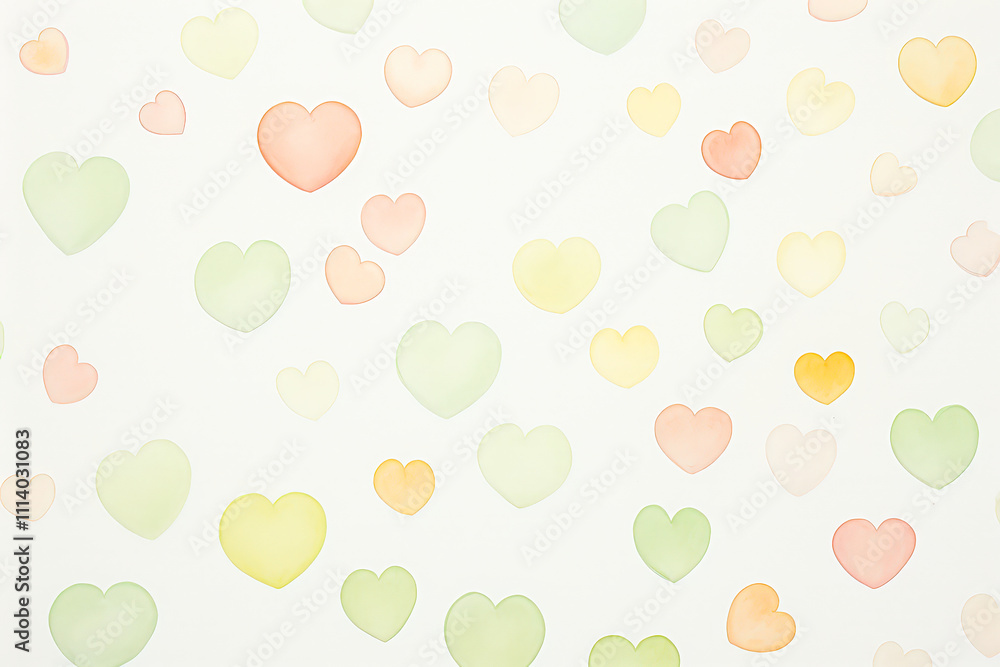 Poster soft pastel hearts of various colors scatter across a white canvas, creating a cheerful and romantic