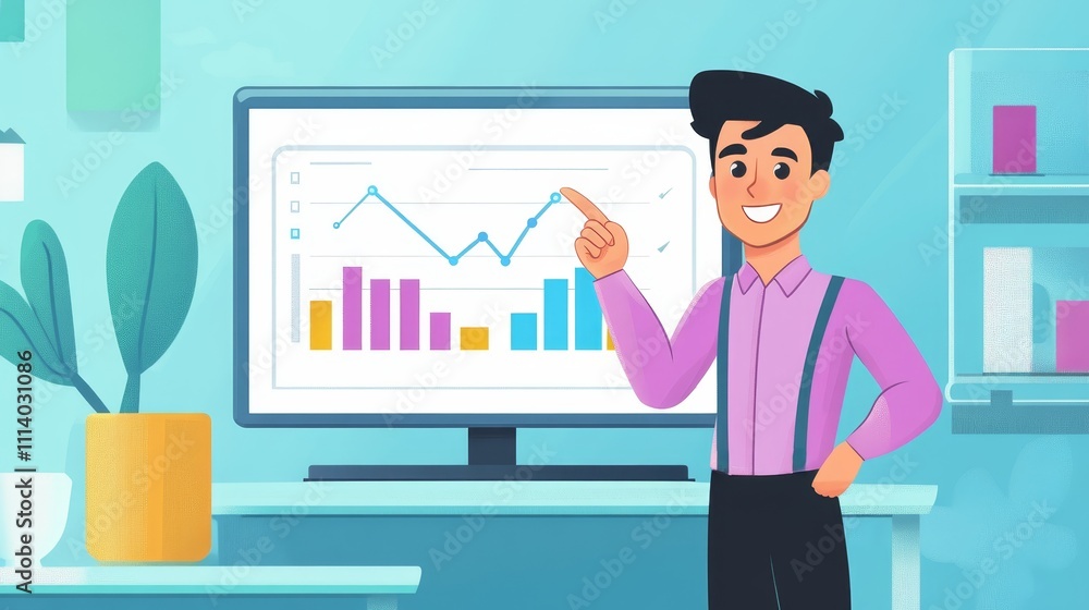 Aufkleber a cheerful man presents data on a screen, showcasing graphs and charts in a modern office setting.
