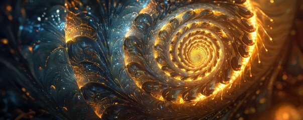 An abstract spiral shape radiating golden light.
