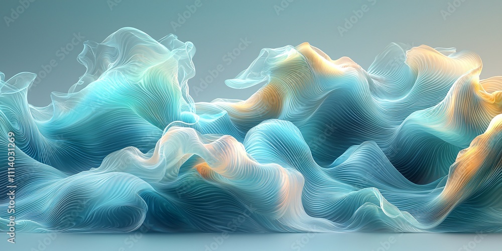 Poster smooth flowing waves transition from soft blue to warm tones in an abstract design