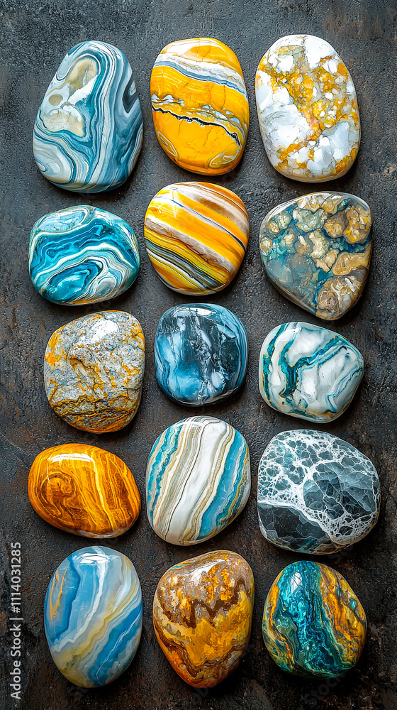 Poster a striking display of polished stones in various colors and patterns is arranged neatly against a da