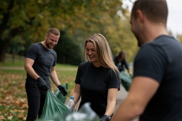 Fototapeta premium A group of young volunteers is happily cleaning up a park in the fall, emphasizing teamwork and community spirit in a pleasant outdoor setting filled with autumn leaves.