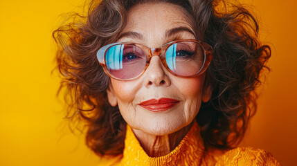 An elegant older woman showcases her unique style with curly hair and trendy oversized glasses as she poses against a bright yellow backdrop