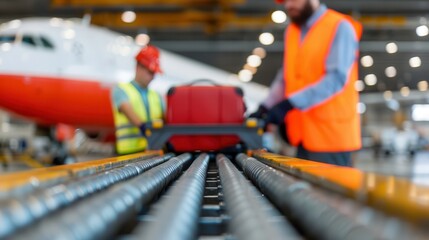 Airport conveyor belts transport and load. Airport baggage handling scene