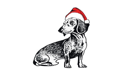 Graphical portrait of dachshund dog in red Santa Claus hat  isolated on white bakground, vector illustration	