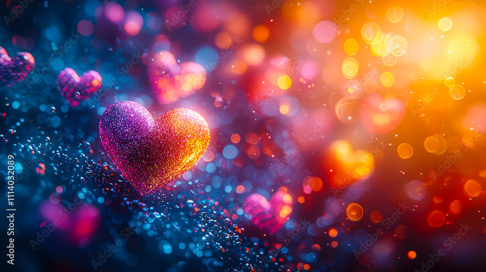 Poster Sparkling hearts in various colors float above a shimmering backdrop, evoking a magical and romantic ambiance at twilight,  Perfect for background use in videos and projects