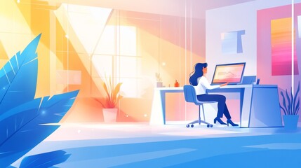 A serene workspace with a woman working on a computer, surrounded by plants and soft lighting.