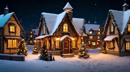 Fototapeta premium Enchanting Christmas village under the night sky, with charming homes and trees beautifully lit for the holiday season.