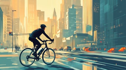 Fototapeta premium Cyclist riding road bike on city street at sunrise.