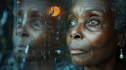 Pensive Elderly Woman Gazing Through a Cracked Windowpane