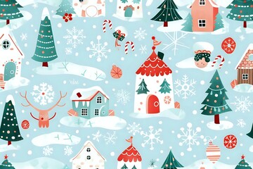 Winter Wonderland: Festive Houses, Christmas Trees, and Snowflakes Dance in a Joyful Holiday Scene, Creating a Magical Christmas Village with Candy Canes and Ornaments.