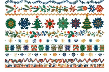 Create Festive Winter Holiday Designs:  Illustrative Snowflakes, Christmas Trees, and Floral Borders for Seasonal Celebrations;  Perfect for Cards, Wrapping Paper, and Digital Projects.