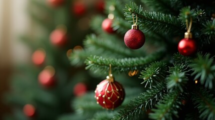 Fototapeta premium Red Christmas Baubles Hanging from the Tree.