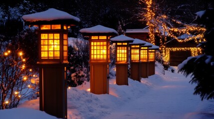 Obraz premium Winter Pathway Illuminated by Charming Lanterns and Snowy Surroundings