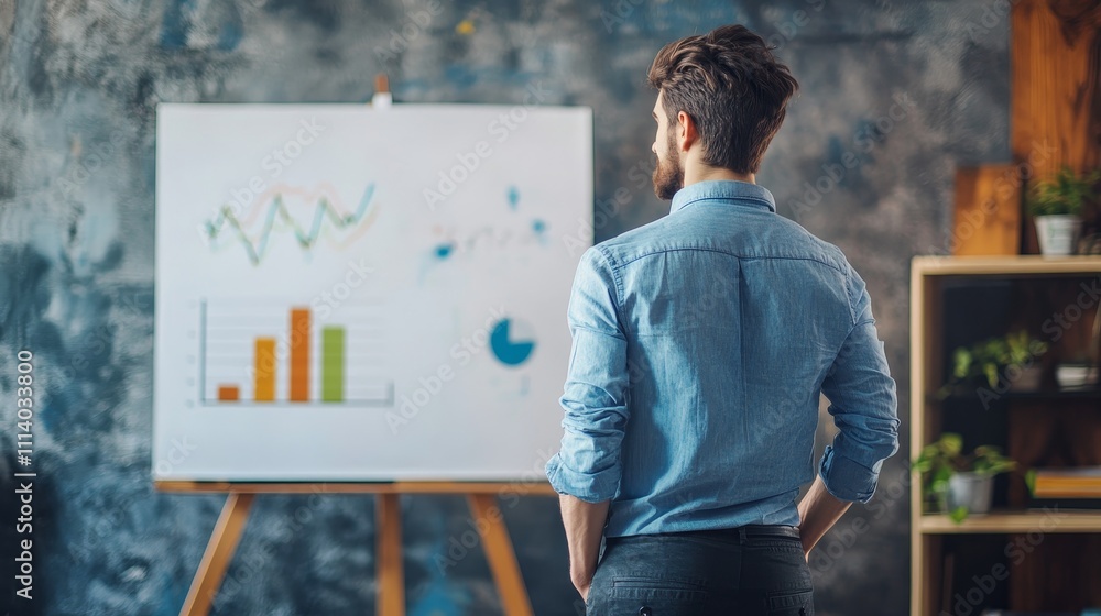 Aufkleber a person analyzing a presentation with graphs and charts on a whiteboard.