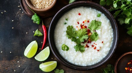 Creamy Rice Porridge with Fresh Herbs and Spices on Dark Table