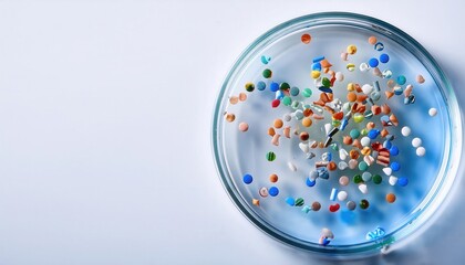 Colorful particles in a petri dish on a light background.
