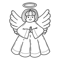 Angel coloring book hand drawn. Cute character. Prayer for peace. Christmas symbol. Wings, halo. Little baby. Vector line art illustration. Page for kids and adults.