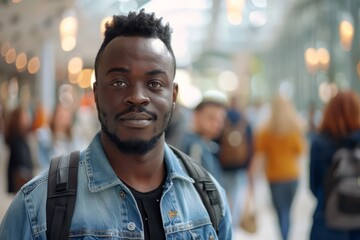 Fototapeta premium Portrait of a happy student man smiling with people in background at shop