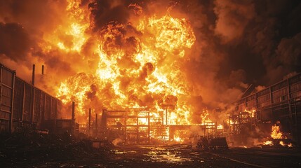 Flames erupt from an industrial factory during a nighttime fire incident
