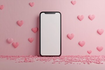 mobile phone with white display mockup with hearts for Valentines day background