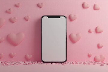 mobile phone with white display mockup with hearts for Valentines day background