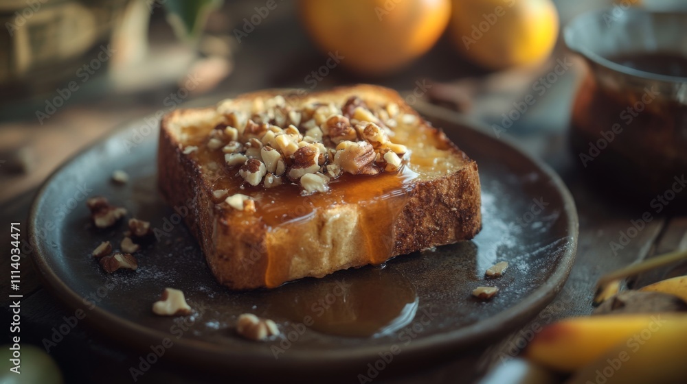 Poster delicious slice of toast with nuts and sweet syrup on plate