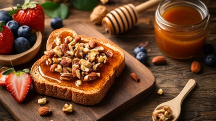Fototapeta premium Delicious Toast Topped with Nuts, Honey, Berries on a Wooden Table